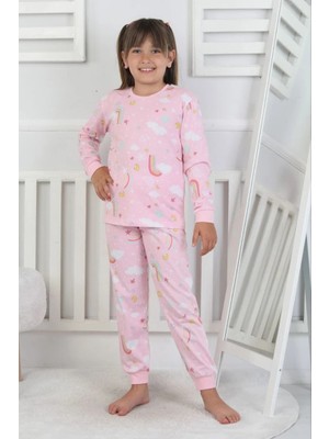 Isob Pembe Gökkuşağı Desenli %100 Pamuk Kız Çocuk Pijama Takımı 3-13 Yaş 51207-P