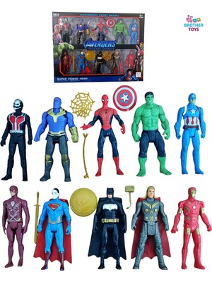 Brother Toys 16 Parça Süper Kahraman Seti Örümcek Adam Hulk Süpermen Batman Demir Adam Thor Flash Thanos 10 Cm.