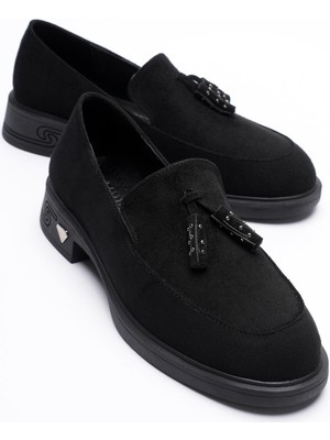 Kadın Süet Loafer Püsküllü Siyah Riva