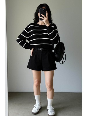 Fashion Friends Rahat Bisiklet Yaka Çizgili Siyah Kadın Kazak 25K0477K1