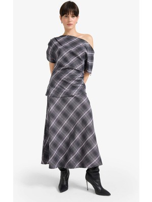 DeFacto A Kesim Kareli Normal Bel Twill Midi Etek G1762AX25AU