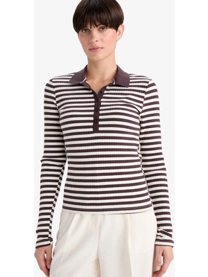 DeFacto Slim Fit Polo Yaka Çizgili Fitilli Kaşkorse Uzun Kollu Tişört F7808AX25AU