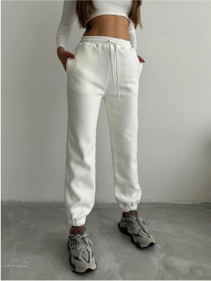 3 Iplik Şardonlu Paça Lastikli Eşofman Beyaz IS001