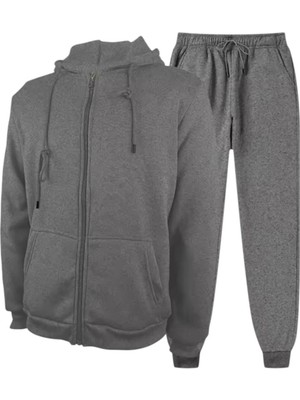 Baskısız Oversize Fermuarlı Paça Lastikli Kapşonlu Takım