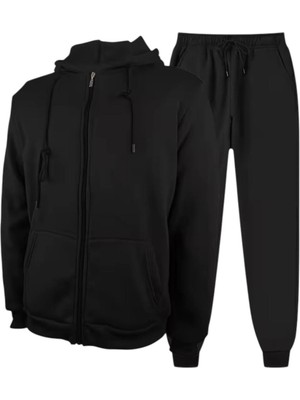Baskısız Oversize Fermuarlı Paça Lastikli Kapşonlu Takım