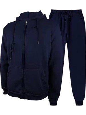 Baskısız Oversize Fermuarlı Paça Lastikli Kapşonlu Takım
