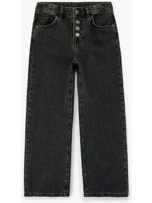 Koton Pamuklu Düğme Detaylı Beli Ayarlanabilir Lastikli Siyah Kız Çocuk Jean Pantolon 6WKG40022AD