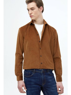 Kahverengi Düz Casual Fit Dokuma Kadife Casual %100 Pamuk Gömlek