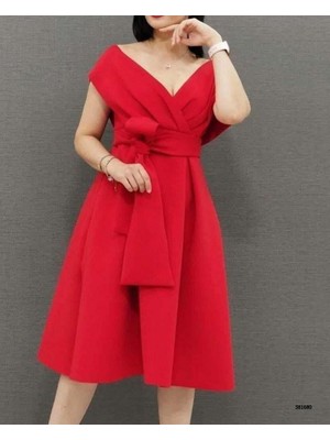 Moda Feminen Kendinden Kemerli Pileli Orta Boy Kirmizi ELBISE581680