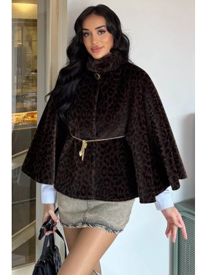 Kadın Leopar Desen Su Fırçalı Kaşe Panço P-00018374