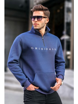 Lacivert Fermuar Yaka Nakışlı Sweatshirt 6028