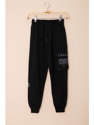 Siyah Yazı Baskılı Cepli Erkek Çocuk Beli Lastikli Eşofman Altı 20202