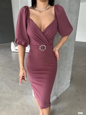 Moda Feminen Kendinden Kemerli Krep Kumaş Kısa Kollu Elbise 582439 Gulkurusu