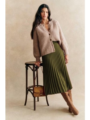 Haki Pileli Kemerli Uzun Süet Kadın Etek MG2576