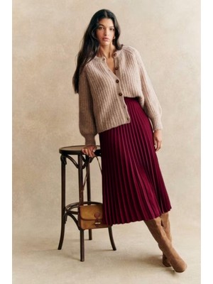 Bordo Pileli Kemerli Uzun Süet Kadın Etek MG2576