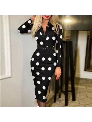 Kadın Uzun Kollu V Yaka Puantiyeli Krep Midi Boy Elbise