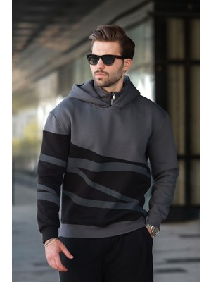 Füme Kapüşonlu Fermuar Yaka Desenli Erkek Sweatshirt E7162
