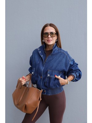 Mavi Ön Cep Detay Jean Ceket