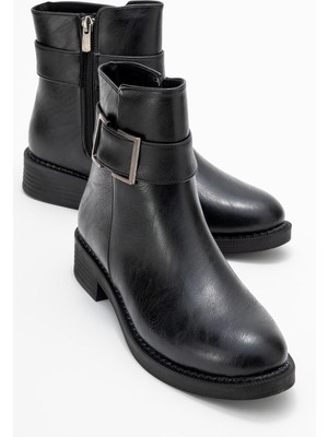 Kare Tokalı Kadın Bot Siyah Cilt