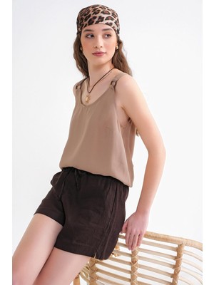 4666 Kadın Toka Detaylı Modal Bluz Toprak