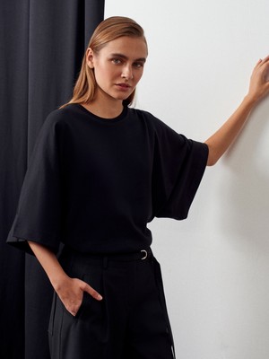 32210 %100 Pamuk Yarasa Kol T-Shirt-Siyah