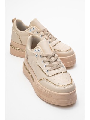 Kadın Taşlı Spor Ayakkabı Bej Altın