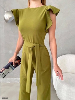 Moda Feminen Kolları Fırfırlı Yuvarlak Yaka Kuşaklı Cepli Trend Tulum 582183 Fistik Yeşil