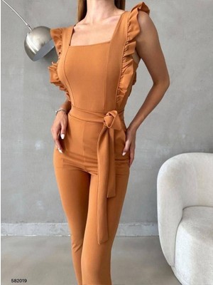 Moda Feminen Kolu Fırfırlı Kuşaklı Tulum  582019 Camel