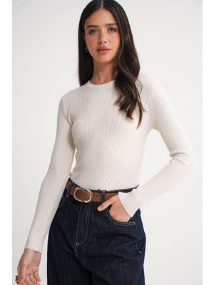 6938 Kadın Bisiklet Yaka Fitilli Triko Body Naturel