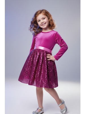 Kız Çocuk Özel Günler Için Kadife Pullu Kabarık Fiyonklu Elbise 3-10 Yaş