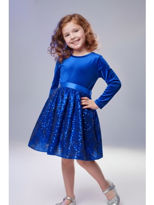 Kız Çocuk Özel Günler Için Kadife Pullu Kabarık Fiyonklu Elbise 3-10 Yaş