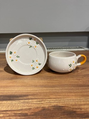 2 Kişilik El Yapımı Seramik Çay Kahve Takımı - Papatya Desenli Fincan ve Tabak Seti