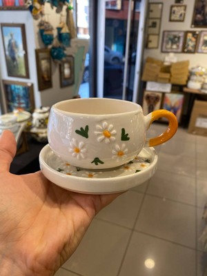 El Yapımı Papatya Desenli Seramik Kupa Tabak Takımı - 1 Kişilik Çay Kahve Seti