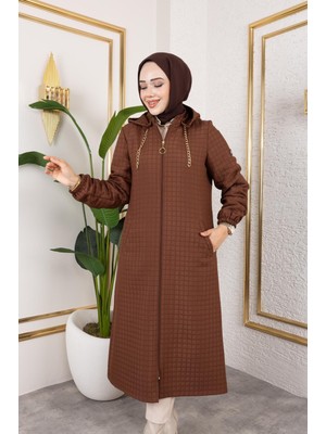 Cevher Kadın Büyük Beden Fermuarlı Kapüşonlu Örme Kapitone Ceket/mont