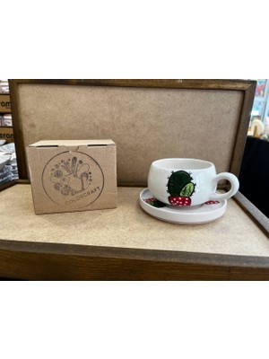 El Yapımı Kaktüs Desenli Seramik Kupa ve Tabak Takımı - Tek Kişilik