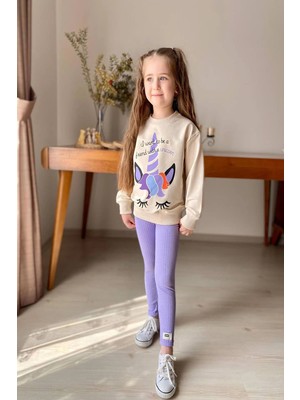 Unicorn Desenli Kız Çocuk Lila Renk Taytlı Takım