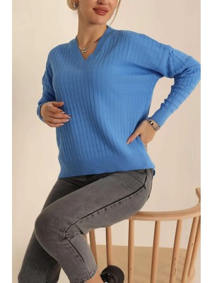 Kadın V Yaka Oversize Basic Kare Desenli Fitilli  Triko Kazak - 6542