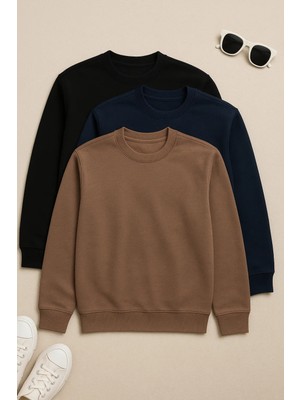 Erkek Basic Bisiklet Yaka Kışlık Bol 3 Lü Sweatshirt