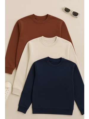 Erkek Basic Bisiklet Yaka Kışlık Bol 3 Lü Sweatshirt
