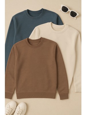 Erkek Basic Bisiklet Yaka Kışlık Bol 3 Lü Sweatshirt