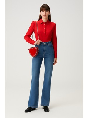 Yüksek Bel Ispanyol Paça Jean Pantolon