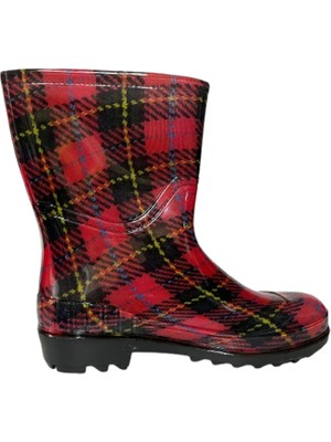 Emek Kadın Kırmızı-Siyah Desenli Kısa Bahçe Yağmur Çizmesi EMEK036-97