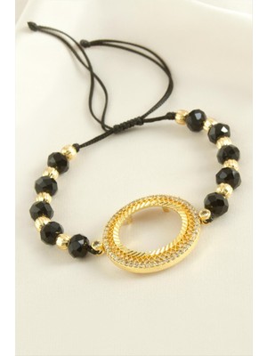 Sepetim Çeyrek Altın Koyulabilir Kristal Taşlı Bileklik-Siyah