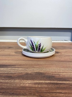 El Yapımı Lavanta Desenli Seramik Kupa ve Tabak Takımı - Tek Kişilik