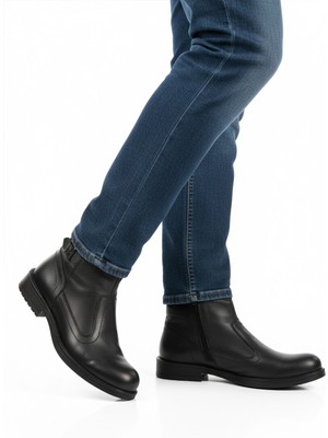 Aspor Siyah Hakiki Deri Içi Kürklü Fermuarlı Erkek Bot