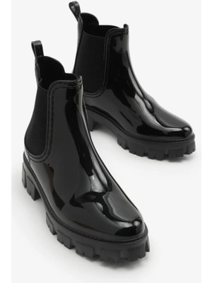 Siyah Yüksek Taban Kadın Su Geçirmez Yağmur Botu