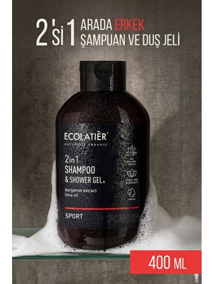 2'si 1 Arada Erkek Duş Jeli ve Şampuan Spor, Canlandırıcı Saç ve Vücut Şampuanı %98 Doğal, 400 ml