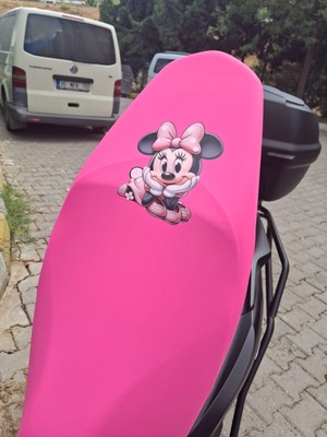 Vizyontek Minnie Mouse Desenli Neon Pembe Motosiklet Koltuk Kılıfı LİKRALI SCUBA KUMAŞ