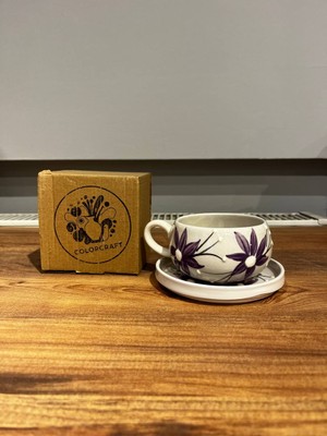 El Yapımı Mor Çiçek Desenli Seramik Kupa ve Tabak Takımı - Tek Kişilik