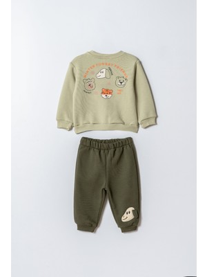 Erkek Çocuk Pamuklu Yeşil Sweatshirt ve Köpek Nakışlı Eşofman Altı Ikili Takım